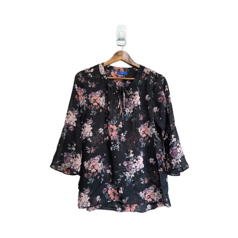 Apt 9 Floral Blouse Womens Small Black Pink Excellent Bell Sleeve Tie Neck